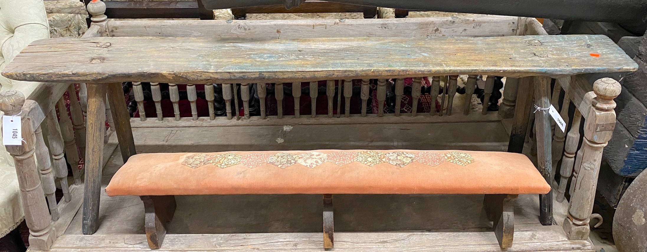 A primitive part painted fruitwood bench, length 150cm, height 48cm together with a smaller fender stool